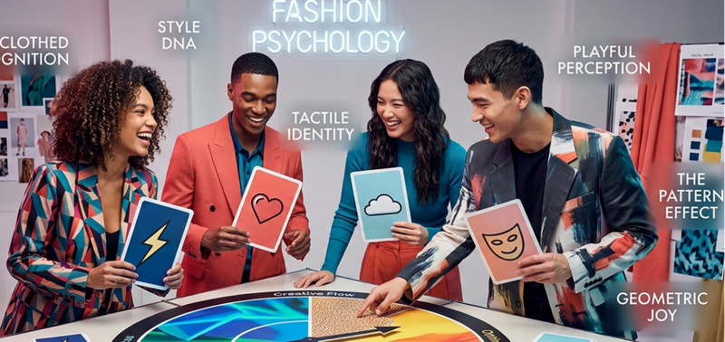 Group of people around a table with colorful cards, discussing fashion psychology in a modern office setting.